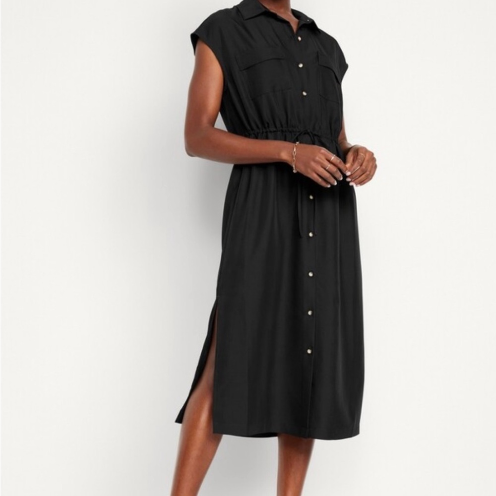 Black Rayon Sleeveless Shirt Dress with Tie Front